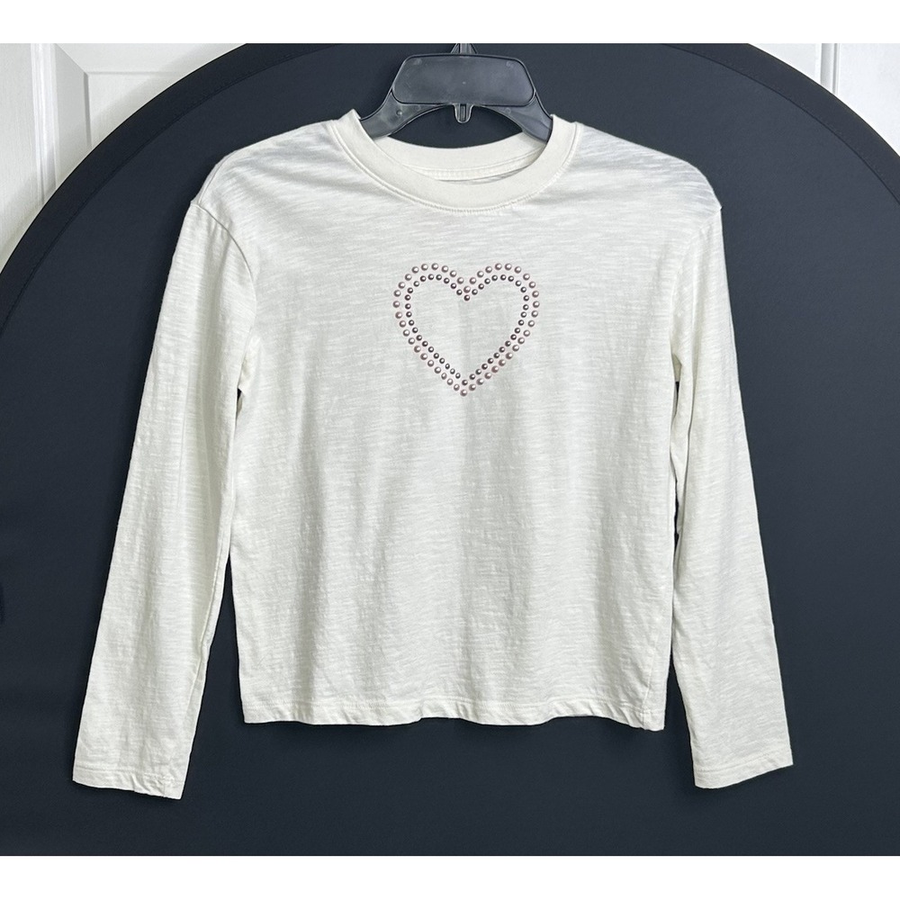 Cat & Jack Long Sleeve T-Shirt Girls 14 Cream + Multicolored Embellished Heart